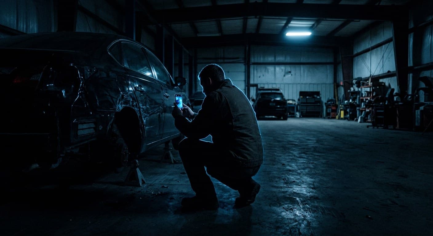 A technician crouching beside a damaged car at night, photographing the panel with a phone