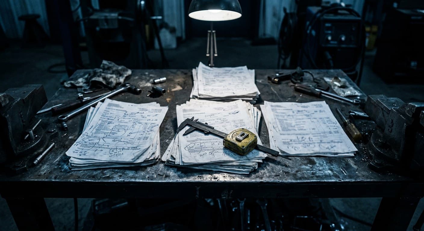 Stacks of annotated carrier estimate paperwork on a workbench under a single work lamp